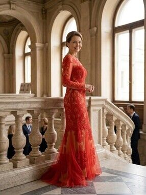 Red Lace Long-Sleeve Evening Gown by Serendipity